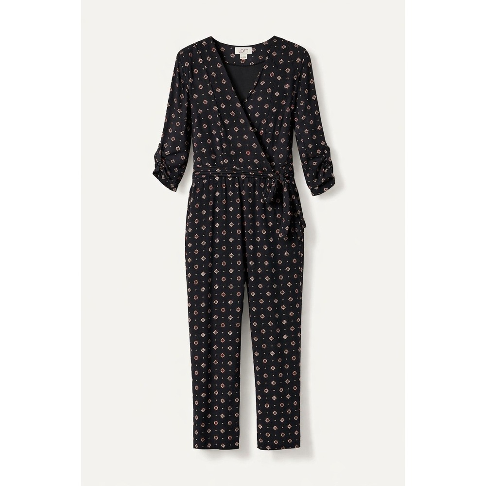 LOFT Jumpsuit Womens 12 Black Floral Wrap Surplice 3/4‎ Sleeve Tie Waist Cropped